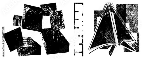 Fragmented black shapes with scratchy halftone textures, vector art composition, graphic design elements, abstract forms, bold contrast, modern minimalism.