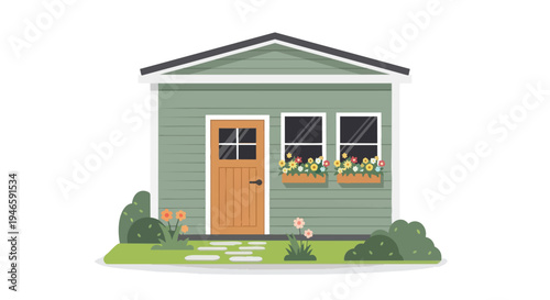 Quaint green small house with charming flower boxes and garden path illustration. A delightful and cozy dwelling perfect for peaceful backyard