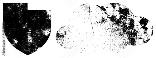 Grungy shield with textured, weathered cloud emblem, vector graphic, black and white, historical insignia, abstract design.