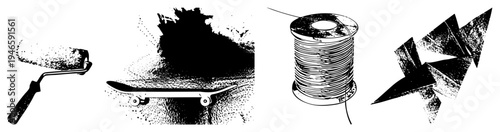 vector paint roller, skateboard, wire spool, origami star halftone dot texture. Creative tools & artistic symbols, isolated shapes.
