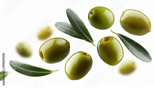 green olives falling with olive leaves in the air