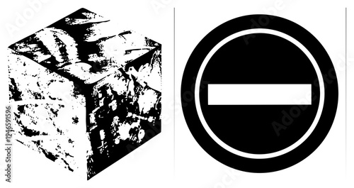 Geometric cube rendered in halftone texture, accompanied by standard prohibition symbol, vector graphic, isolated foreground, bold shapes, minimal style.