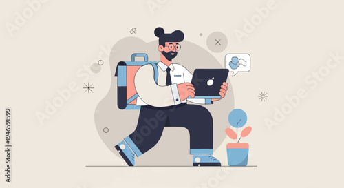 A man with a backpack and laptop walks while looking at his device