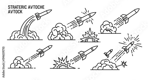 Collection of missile launch illustrations with smoke and explosions.