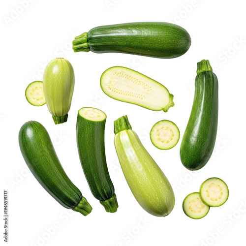 Fresh zucchini and slices On Transparent Background