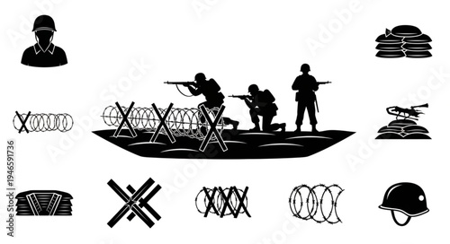 Military soldiers in silhouette advancing with weapons and barbed wire obstacles.