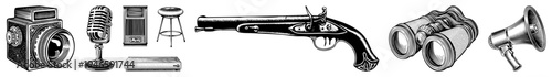 Classic retro tech collection including film camera, vintage mic, flintlock pistol, binoculars, and megaphone, all in black and white art.