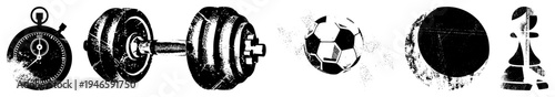 Set of five grunge style vector stopwatch, dumbbell, soccer ball, target, chess piece., textured, isolated foreground elements. Sports, fitness, strategy, timing symbols.