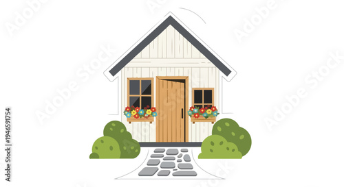 Charming illustrative suburban house with vibrant flower boxes and a stone garden path