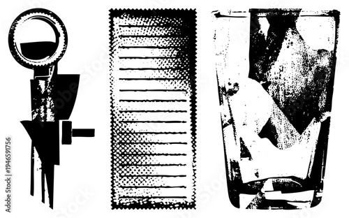 Stylized halftone print of coffee tamper, textured fabric, and frothy drink glass graphic design elements, retro vector art, illustration.