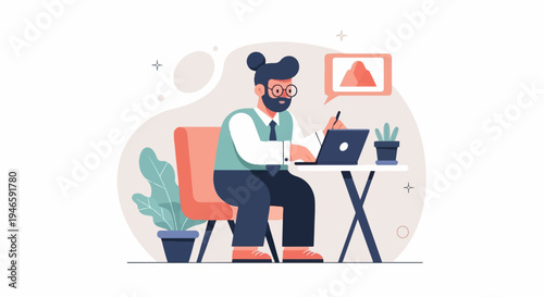 A man with a beard and bun haircut works on a laptop