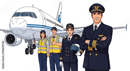 Airline pilots and crew team.