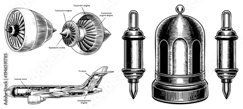 Detailed section diagrams of jet engines, aircraft fuselage, and avionics units, rendered in halftone style with labeled, ideal for engineering or aviation education.