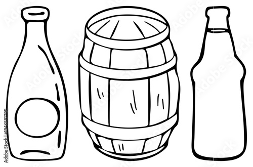 Hand drawn of wine bottle, wooden barrel, beer bottle, rustic beverage containers, flat vector illustration, page style.