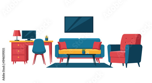 Modern vibrant interior combining a home office and living room, vector illustration. This image shows a contemporary living space designed for both