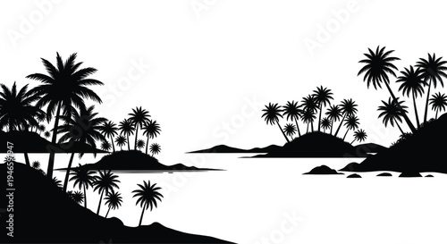 A serene tropical island landscape with palm trees and calm waters