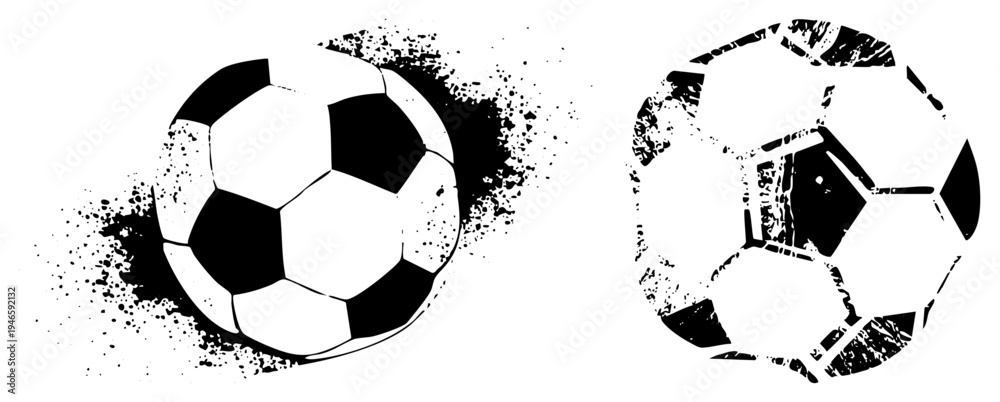 Fototapeta premium Two stylized soccer balls with distressed textures and ink splatter, vector sports, athletic design, black and white graphic, football symbols, isolated sports.