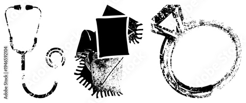 Medical stethoscope, blank notebook with fringed cover, diamond engagement ring all rendered in gritty halftone style with high contrast black and white texture.