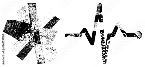 Distressed black medical star symbol and heartbeat graphic, vector illustration with halftone texture, emergency care, healthcare design element, medical emblem.