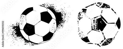 Two stylized soccer balls with distressed textures and ink splatter, vector sports, athletic design, black and white graphic, football symbols, isolated sports.