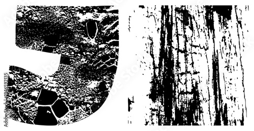 Graphic letterforms featuring cracked surface textures and vertical streaks, high contrast design, typographic art, distressed typography, graphic design element.