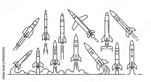 Collection of rocket illustrations in a sketch style.