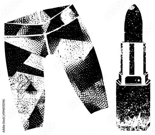 Black and white halftone vector graphic of lipstick and, stylized geometric shapes, bold contrast, graphic design, fashion accessory illustration.