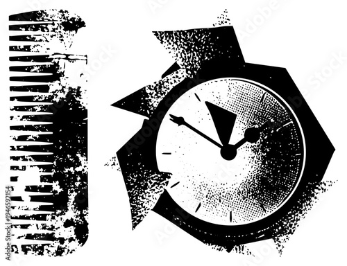 Retro alarm clock with bold hands and comb beside it, both rendered in gritty halftone style, vintage graphic, isolated vector elements.