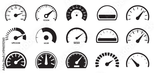 Speedometer Gauge Icon Set, Dashboard Meter Collection, Black Vector Speed Indicators. Vector illustration eps 10