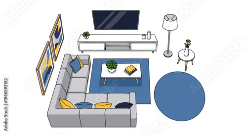 An illustrative isometric layout of a well-appointed modern living room, featuring a comfortable grey sectional sofa, vibrant blue area rugs, and