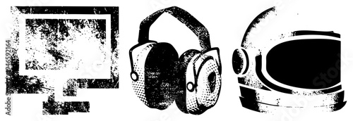 Retro tech symbols including computer monitor, noise canceling headphones, and astronaut helmet, rendered in distressed black and white vector style.