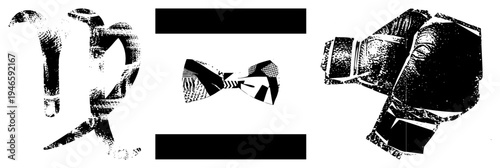 Abstract stylized letterforms with halftone grain, bowtie vector, geometric fragmentation style, graphic design elements.