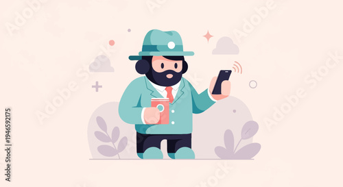 A man with a beard and hat holds a coffee and phone with radiating signals