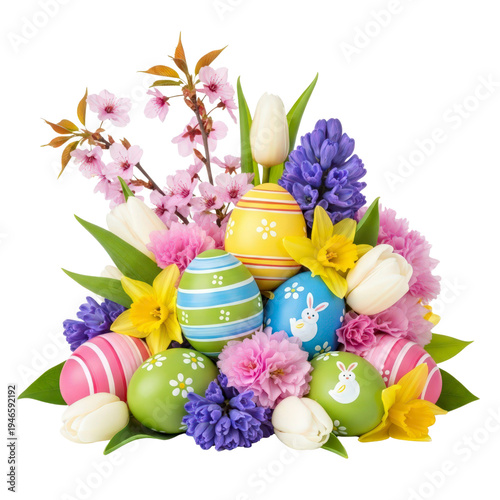 Easter eggs and spring flowers arrangement