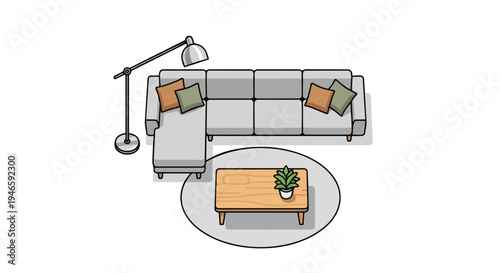 Minimalist living room layout with L-shaped sofa, coffee table, and floor lamp for modern home interior design concepts.