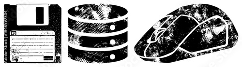 Classic floppy disk, server stack, computer mouse nostalgic tech symbols, digital storage, vintage computing, retro interface, obsolete hardware, data management, early computer.