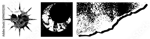 Halftone circular and forms, stippled textures, graphic design elements, vector art, composition.