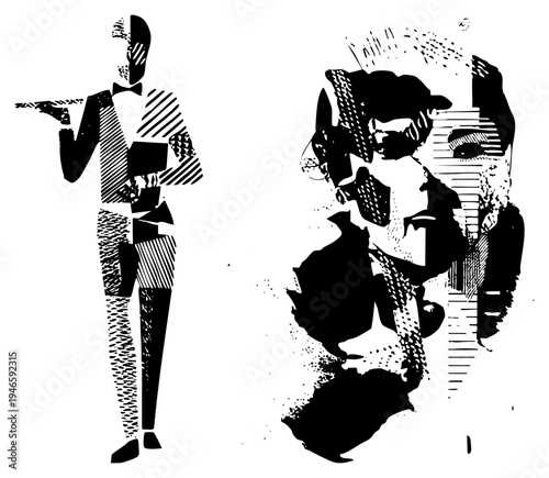 Stylized black and white figures, dapper man in suit with bowtie, bearded man in profile, halftone shading, graphic art, vector illustration.