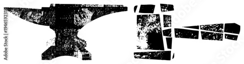 Forge tools depicted in halftone texture, black silhouette with distressed grain, industrial design, metalworking equipment, graphic set.