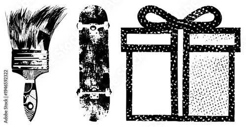 Artistic black and white vector paintbrush with bristles, weathered skateboard, gift box with bow, halftone texture, graphic design elements, isolated symbols.