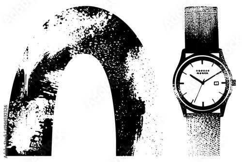 Analog wristwatch with minimalist dial and textured strap, paired with bold halftone arch graphic, vector art, design.