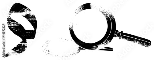 Black and white stylized magnifying glass and teapot graphic, grungy texture overlay, isolated vector art, search, magnification tool, tea service symbol.