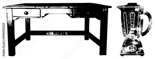 Classic wooden desk with drawer and rustic legs beside retro blender, both in high contrast sketch style, kitchen or office workspace elements.