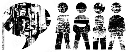 Distressed black and white speech bubble with urban decay texture, four grunge silhouettes, vector, street art style, urban communication.