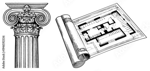 Ornate Corinthian pillar with acanthus leaf capitals, architectural floor plan scroll, engineering drawing, classical architecture, design blueprint, construction layout, historical building plan.