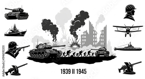 World War II military vehicles and soldiers in battle scene.