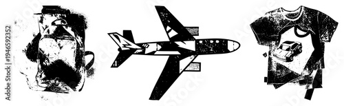 Retro backpack, airplane, and car t shirt design, halftone vector art, graphic tee print, travel and gear motifs, illustration.