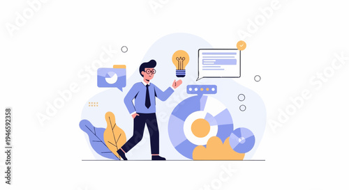 A man with a tie holds a lightbulb, surrounded by charts and plants