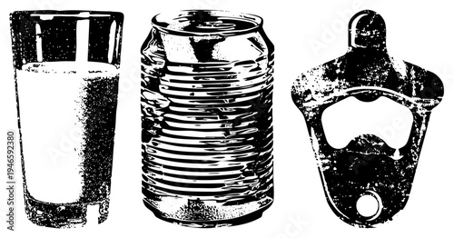 Classic soda glass, aluminum can, bottle opener rendered in gritty halftone, vector graphic, retro beverage, isolated drinkware elements.