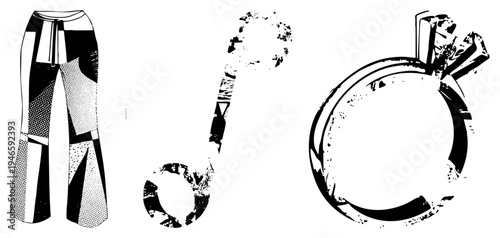 Retro styled abstract shapes, halftone, distressed textures, graphic art motifs, vector illustrations, stylized, design elements.